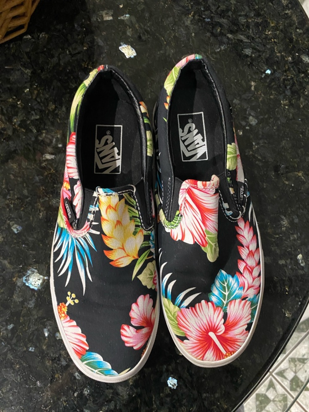 Vans Black Floral Slip-On Sneakers with Pink, Blue, Green, Yellow Accents